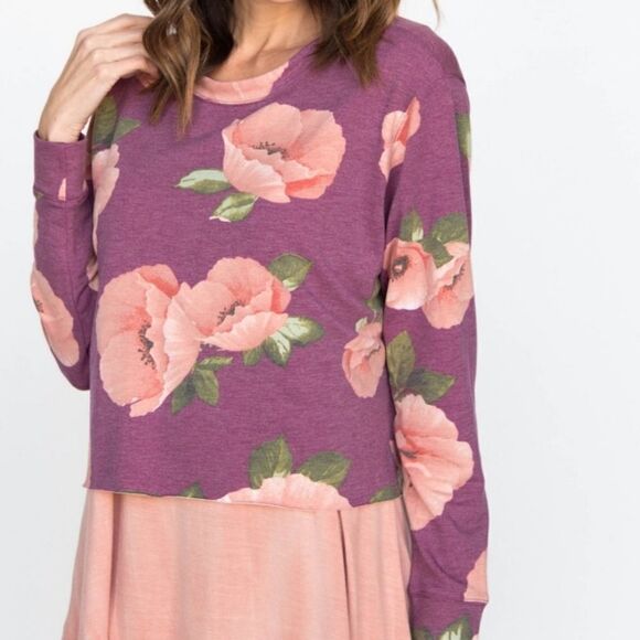 NWT Cropped Floral Pullover Plum Floral Raw Edge - Picture 1 of 6